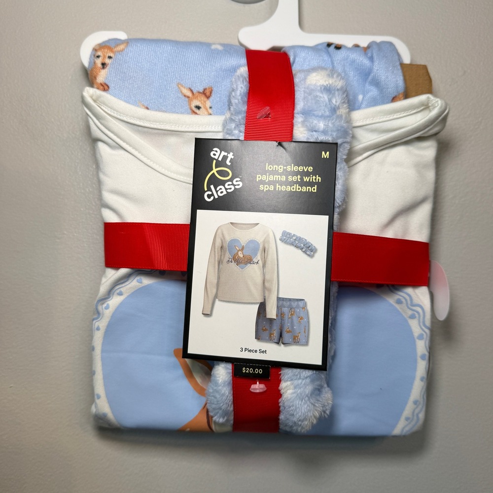 Art Class Girls 3-Piece Pajama Set Deer Heart Top Shorts Spa Headband Size M (8)